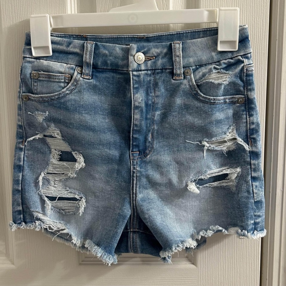 American Eagle Outfitters Blue Jean Shorts with Distressed Details